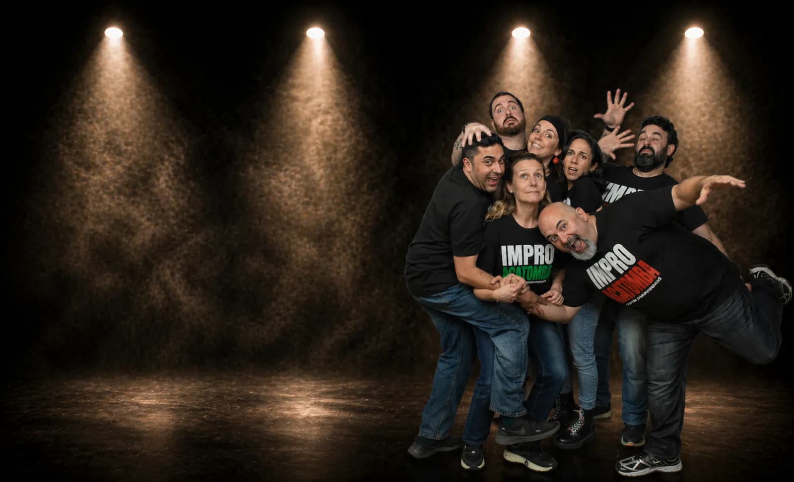 Impro Acatomba sobre un escenari amb focus i fum
